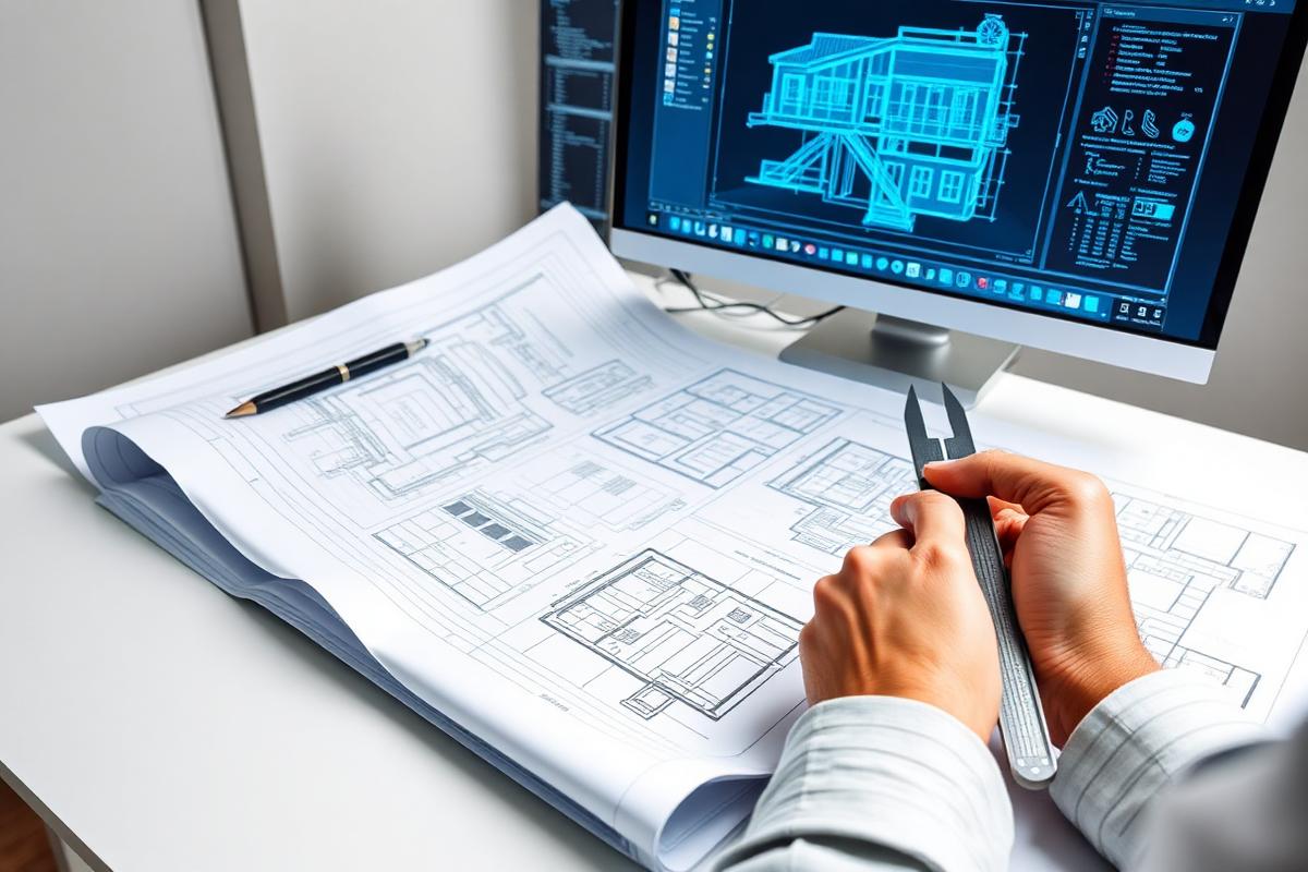 Blueprints and CAD monitor on a desk