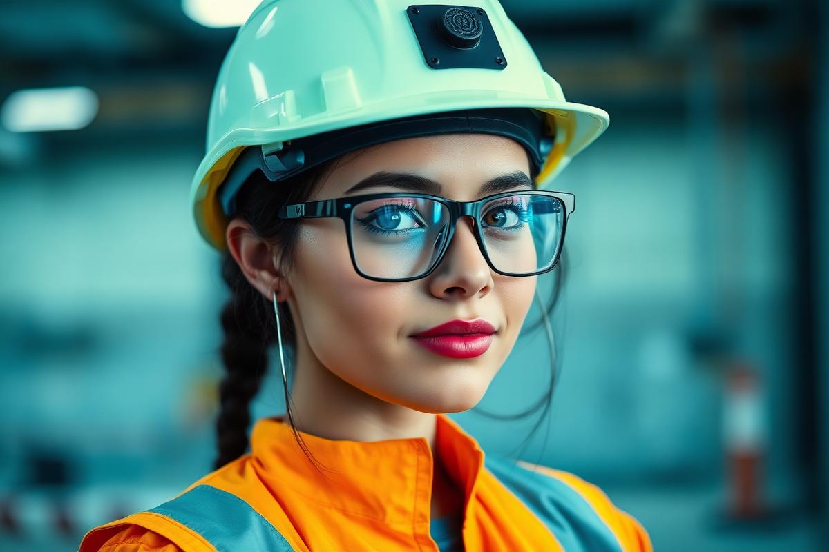 Young woman apprentice electrician in hard hat and safety glasses